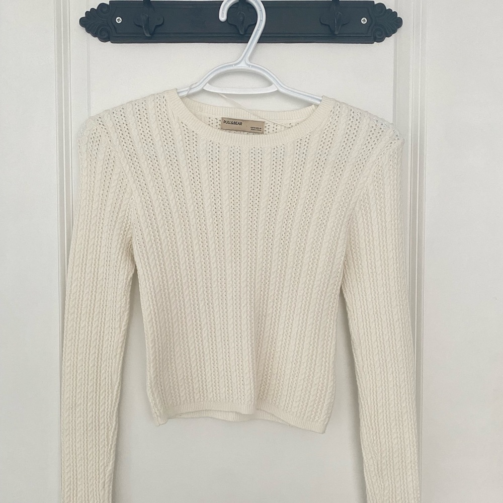 Pull & Bear, size EU M, white open cable knit cropped sweater